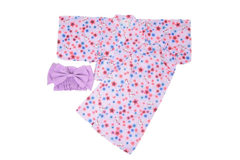 Yukata Easy To Wear One Piece Large Flower Yukata Set Children Girls Kids Jinbei Obi Set 100 110 120 130 140 Summer Festivals Fireworks Festivals