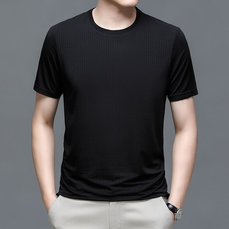 

New Summer Business Casual Fashion Versatile Round Neck Plaid Print Loose Oversized Minimalist Short Sleeved T-shirt 4XL чорний