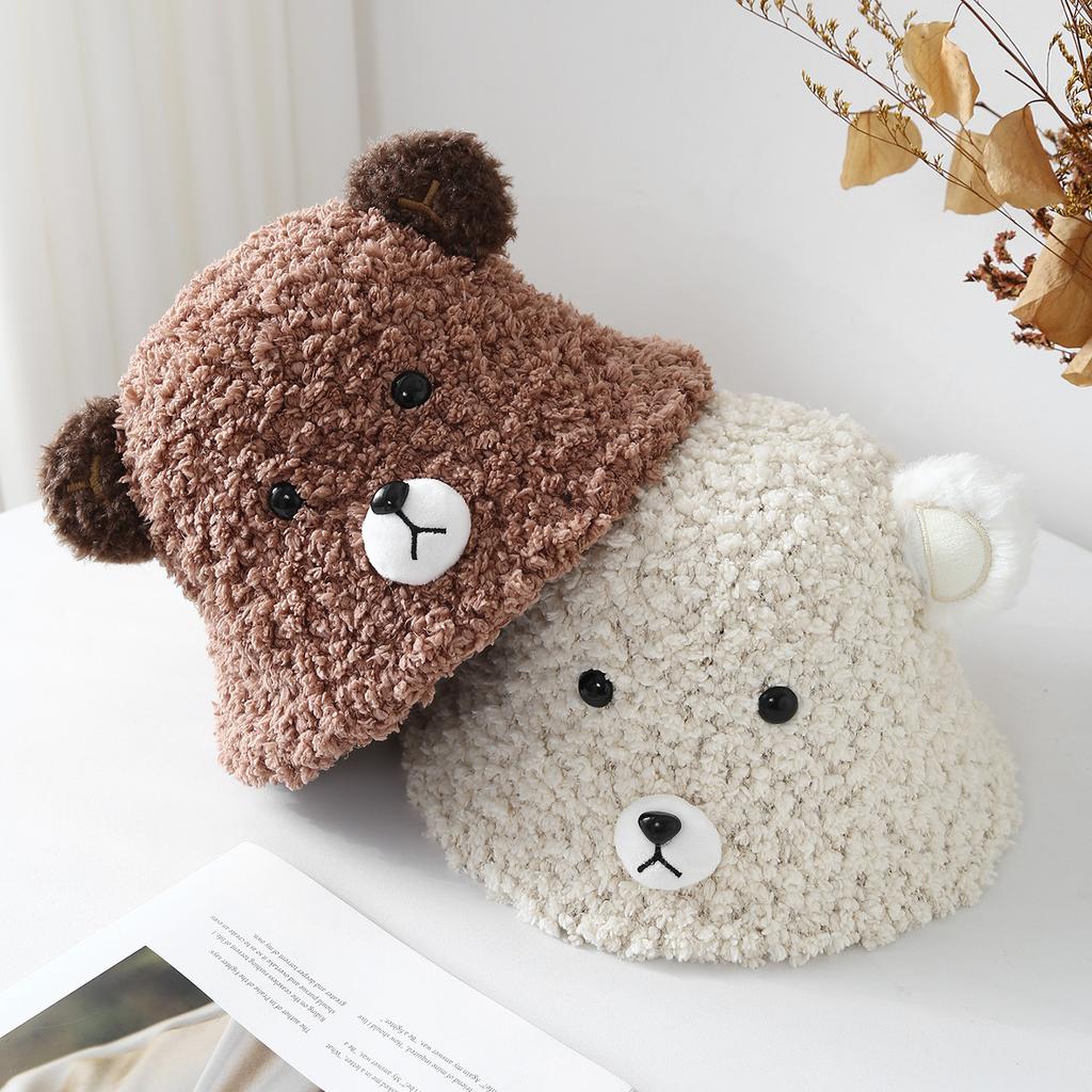 Cute Bear Ear Winter Hat For Women - Plush Fisherman Cap, Warm Thickened Cartoon Bucket Hat