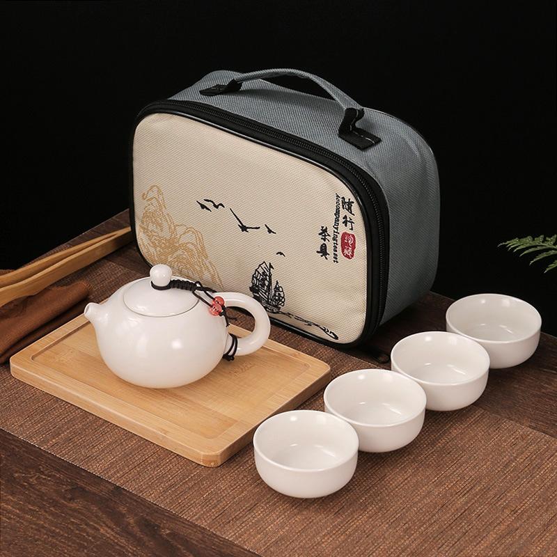 Chinese Tradition Kung Fu Tea Set Portable Ceramic Travel Tea Set Home Office One Teapot Four Teacup Teaware Tea Ceremony Gifts
