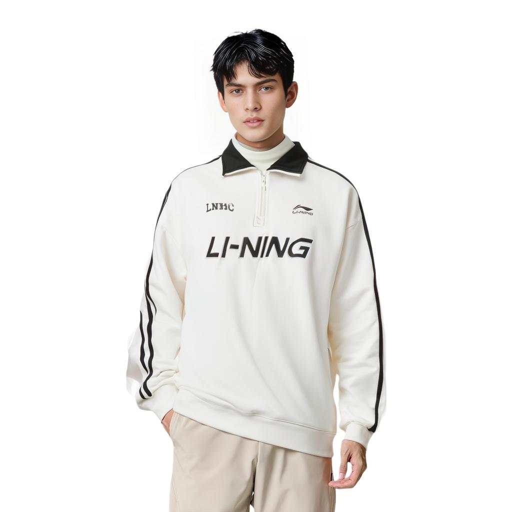 Li Ning Sports Lifestyle Series Letter Print Fleece Pullover Sweatshirt Unisex sweatshirt Off-White AWDTB35-1