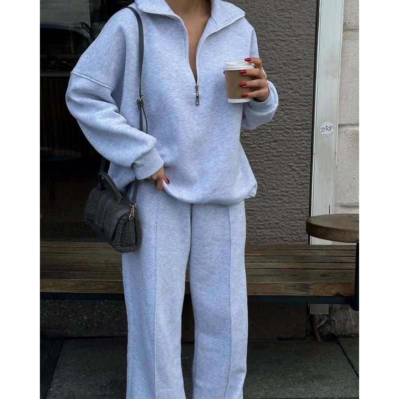 Womens Casual Fashion Half-Zip Sweatshirt Pants Set Loose Fit Fall Winter Outfit