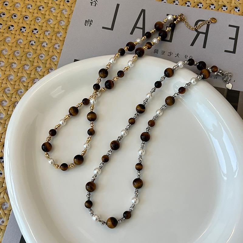New Trendy Natural Tiger Eye Stone Bracelet Pearl Collar Chain Necklace for Women Punk Vintage Handmade Beads Jewelry Set Gifts