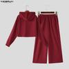 INCERUN Mens Two Piece Outfits Hoodie Cropped Pullover and Wide Leg Pants Drawstring Sets