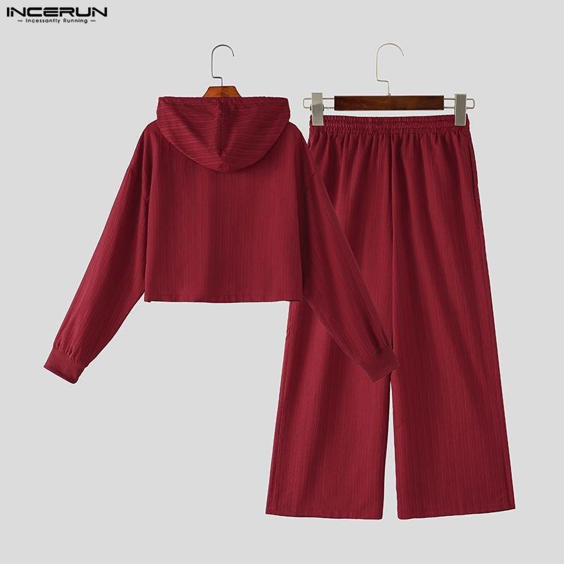 INCERUN Mens Two Piece Outfits Hoodie Cropped Pullover and Wide Leg Pants Drawstring Sets