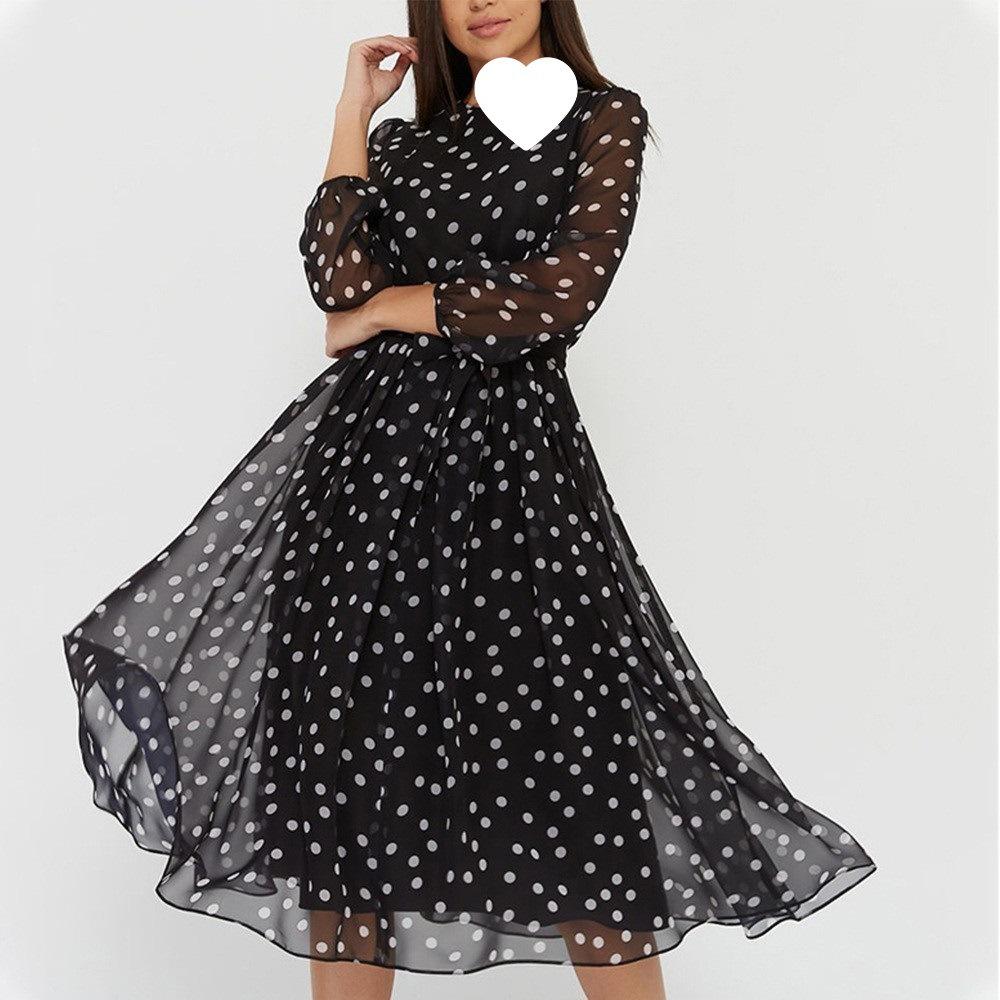 Spring/Summer 2023 Chiffon Polka Dot Long Sleeve Formal Dress (Coffee/Black)