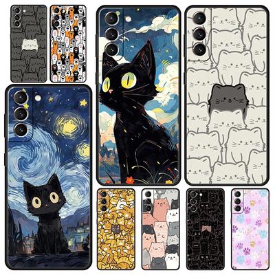 Cat-Printed Phone Case For Samsung Galaxy S24 S23 Ultra S22 S21 S20 FE 5G S10 S10E S9 Plus S8 Soft Silicone Black Cover Bumper