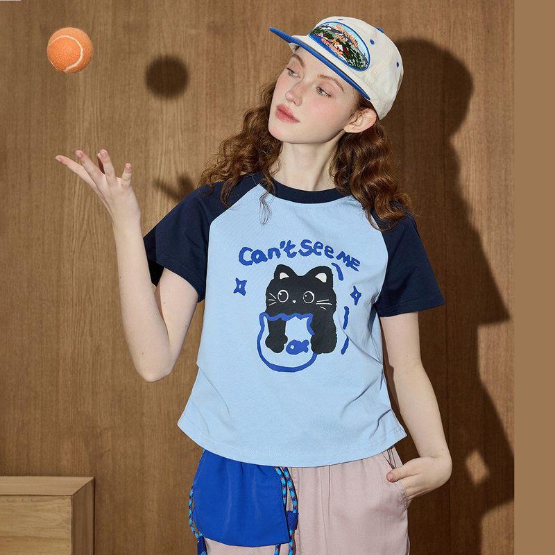 Coolhut Color-Blocked Raglan Sleeve Short-Sleeved Pure Cotton Sweet 2025 Summer Women's T-Shirt Preppy Style