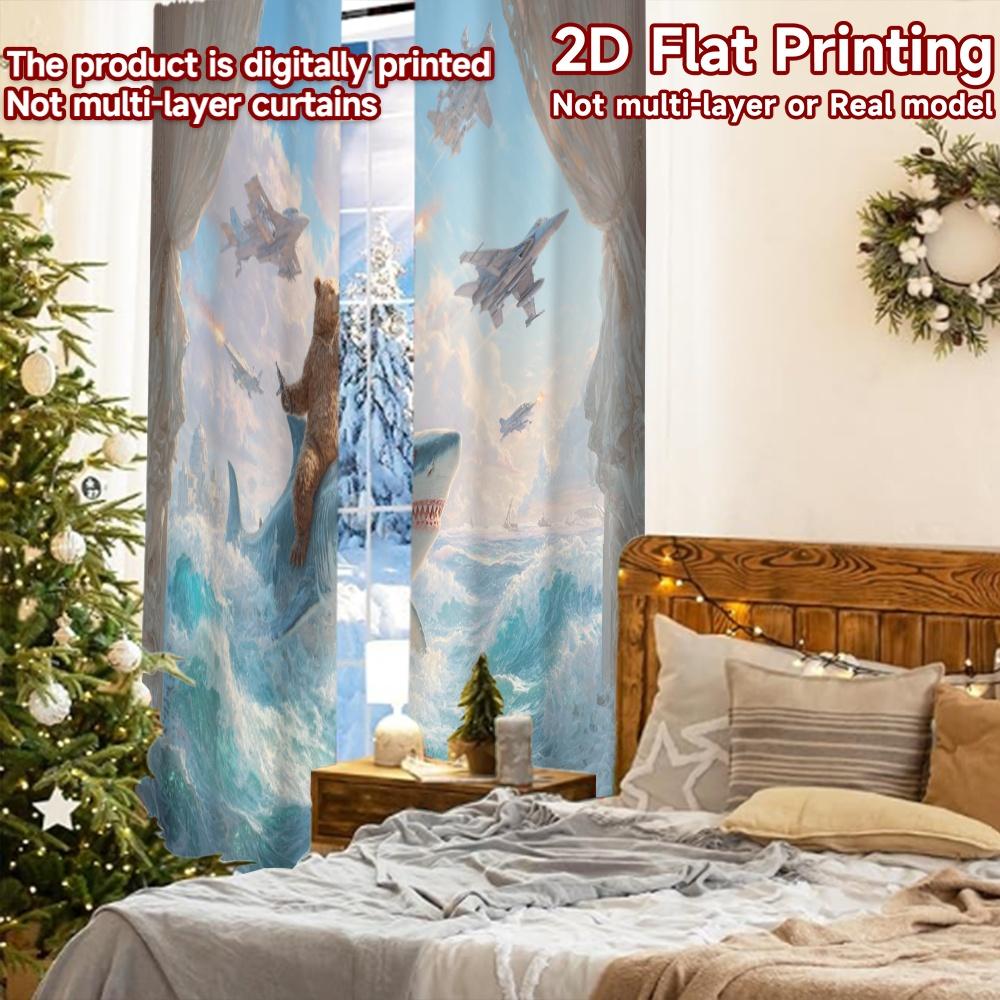 2 Stück, 2D-FLACHDRUCK Vorhänge (Ohne Stange) BattleBearShark Minimalistische Feiertagsvorhänge Stoffvorhänge Wärmeisolierung,