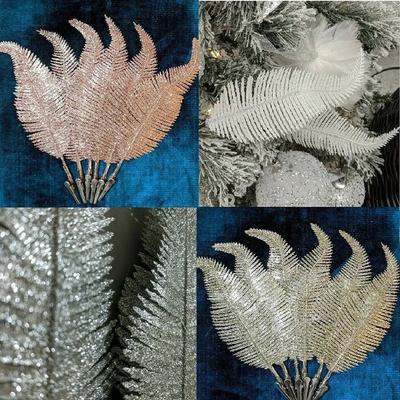 6 Peças Penas Douradas Prateadas com Glitter Enfeite para Árvore de Natal Folha Simulada Decoração de Planta Casa Casamento