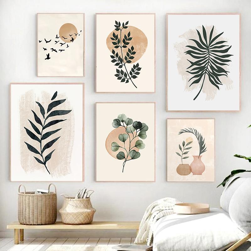 Cartaz de folha de planta boêmia, impressão de pássaros do sol, arte de parede abstrata, pintura em tela, imagens de parede para sala de estar, decoração moderna para casa