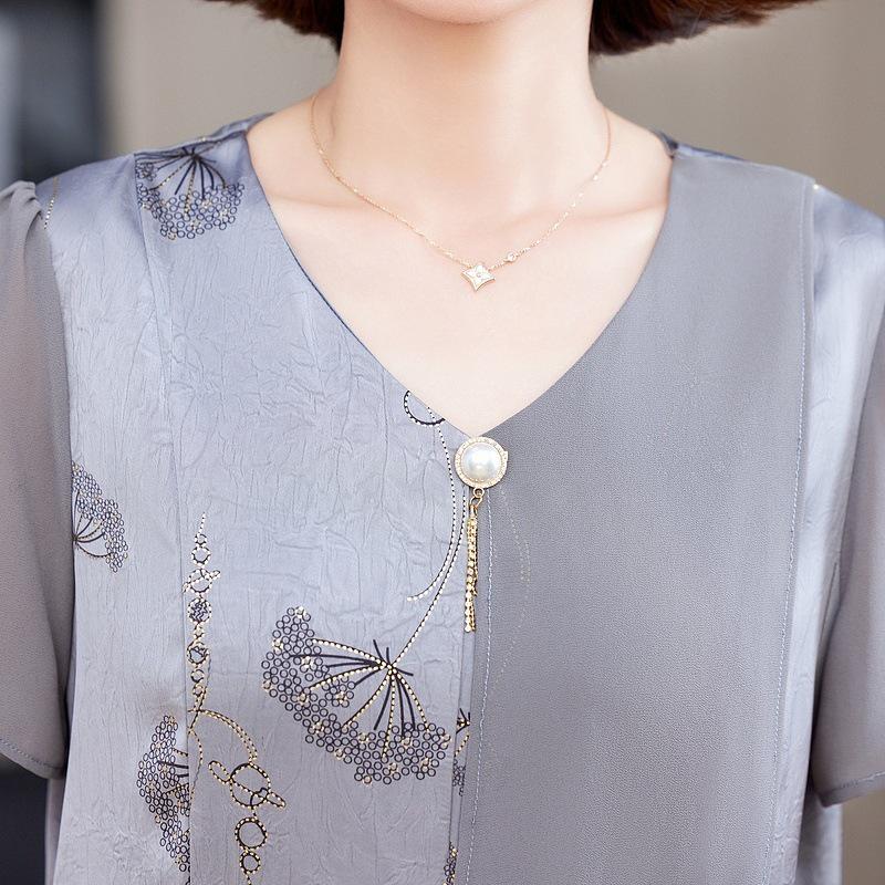 Elegante conjunto de verano de chifón de dos piezas para mamá – Manga corta, talla grande, para mujeres de mediana edad y mayores.