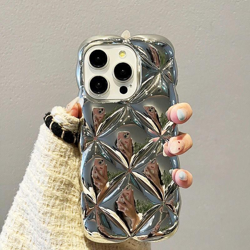 Plating Silver Rhombus Plaid Pattern Phone Case For For Iphone 16 Pro Max 1 13 12 11 14 Plus Soft Glossy TPU Back Cover