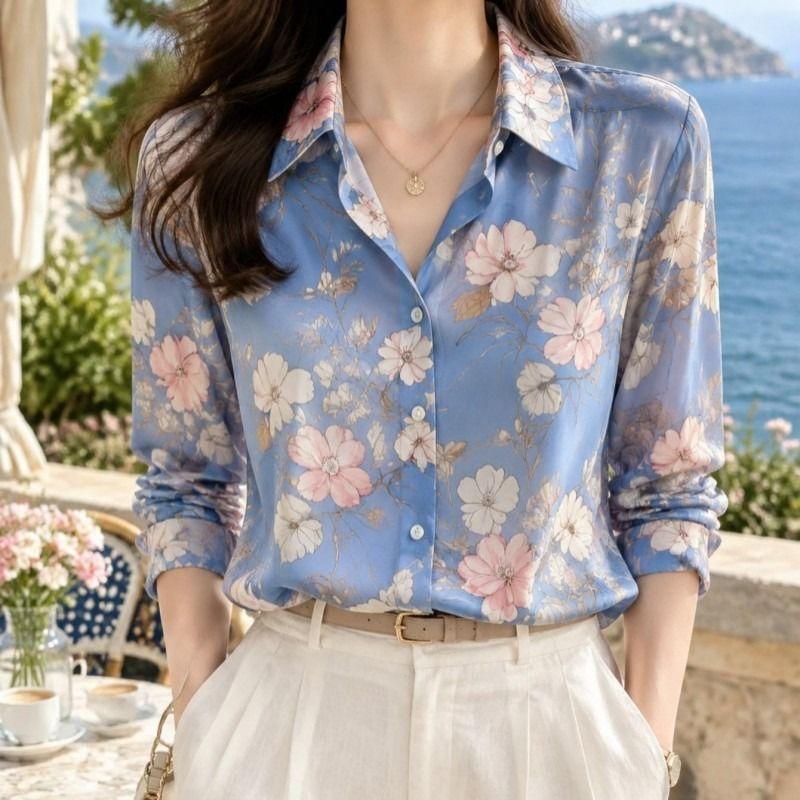 Chemise à revers à manches longues imprimé floral bleu élégance moderne mode décontractée vêtements pour femmes style polyvalent chemisier de bureau pour dames