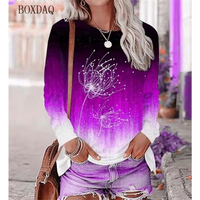 Löwenzahn Muster Damen T-Shirts Frühling Herbst Langarm 3D Pflanzen&Blumen Druck Street Gradient Damen T-Shirts 5XL Übergröße Top