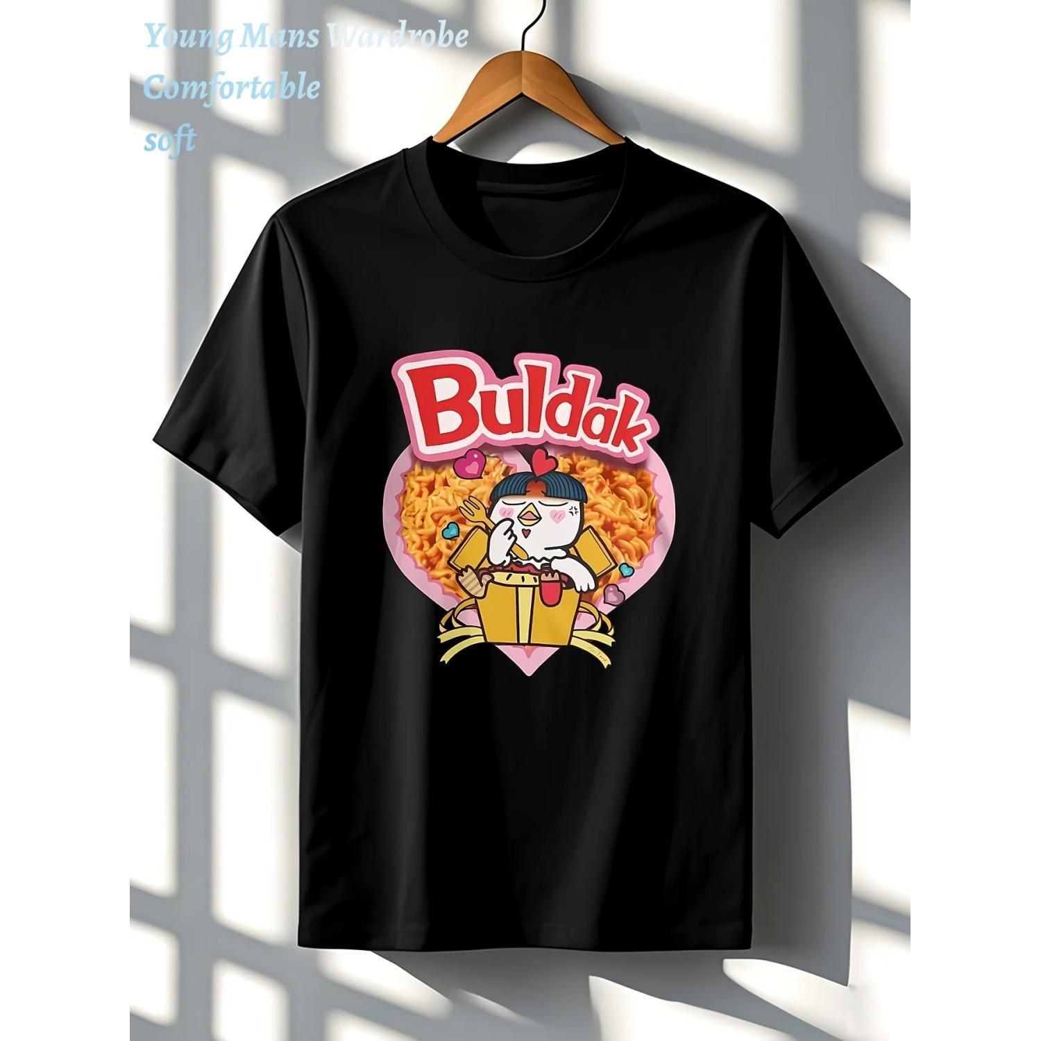 

Мужская футболка с лапшой Buldak Spicy Lamian и талисманом Buldak Подходит для любителей еды и трендсеттеров уличной моды S чёрный