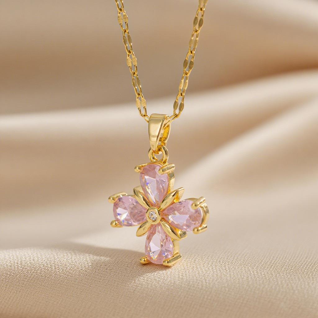 Versatile Niche‑Style Titanium‑Steel Women Necklace, Four‑Petal‑Flower Zircon‑Inlaid Advanced‑Design Collarbone Chain