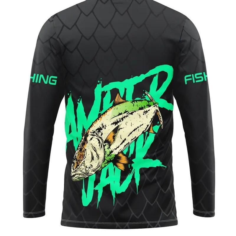 Mens Long Sleeve UV Protection T-Shirt With Fish Print Breathable Outdoor Fishing Shirt