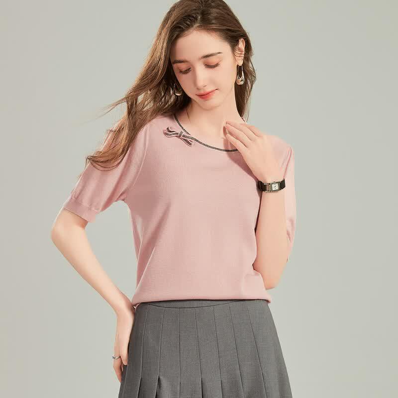 Snowforte Women s Rhinestone Bow Knit Top M