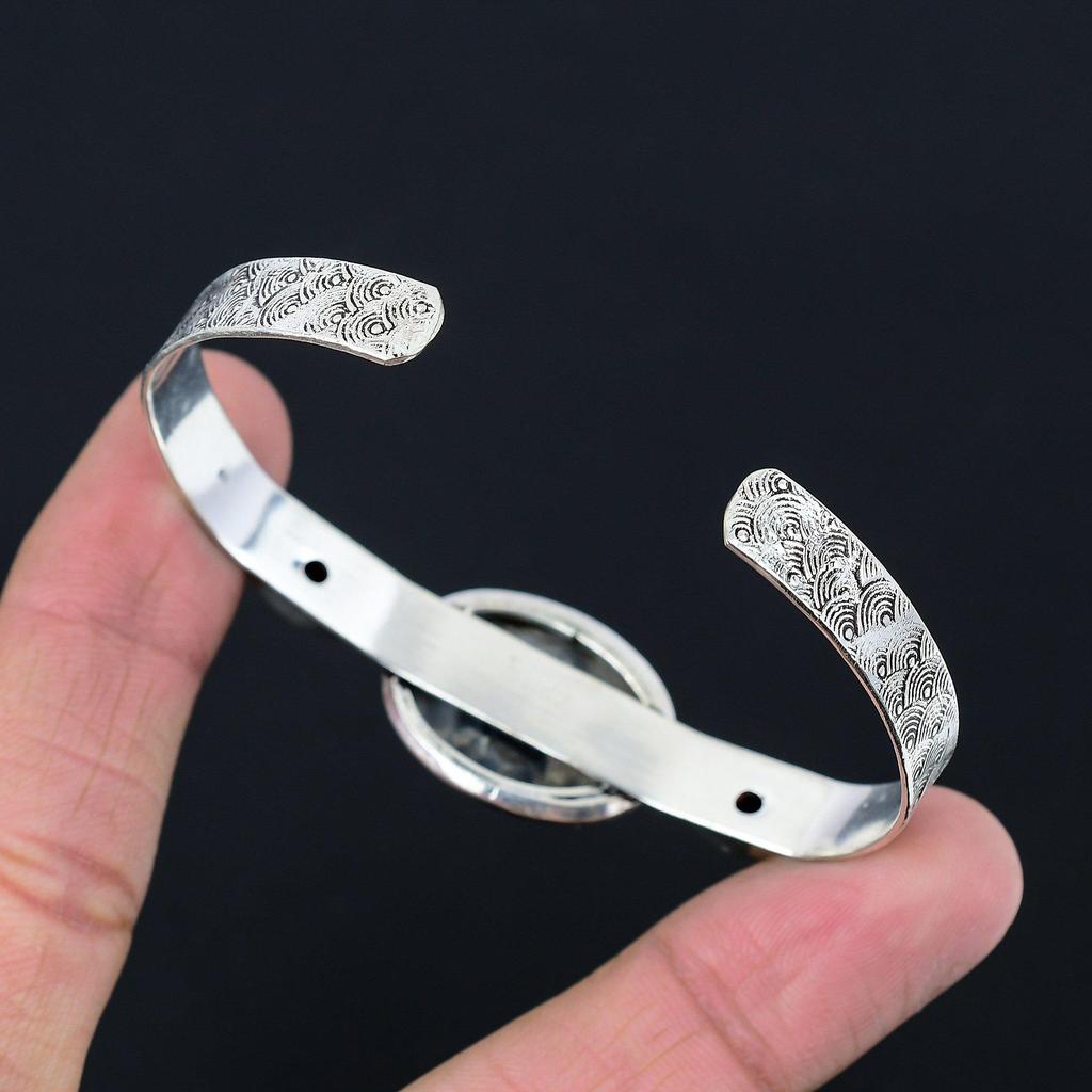 Friendship Day Deal 925 Sterling Silver Fume Agate Stone Garnet Bangle Bracelet