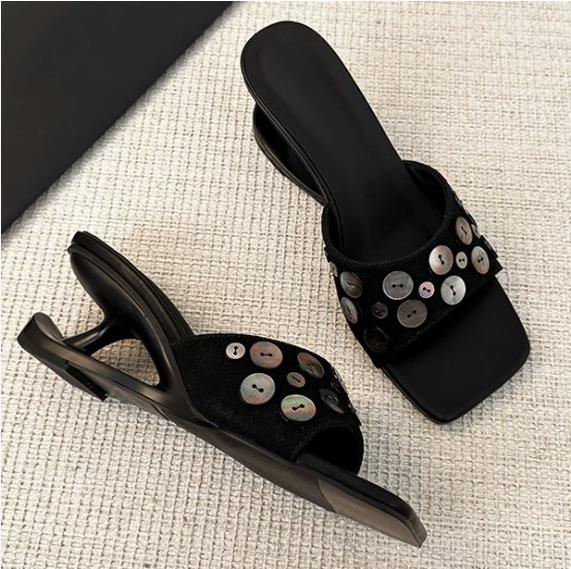 Square Toe Shell Button Decor Women Slippers Summer New Designer Wedge Heel Sandals Ladies Beach Holiday Shoes