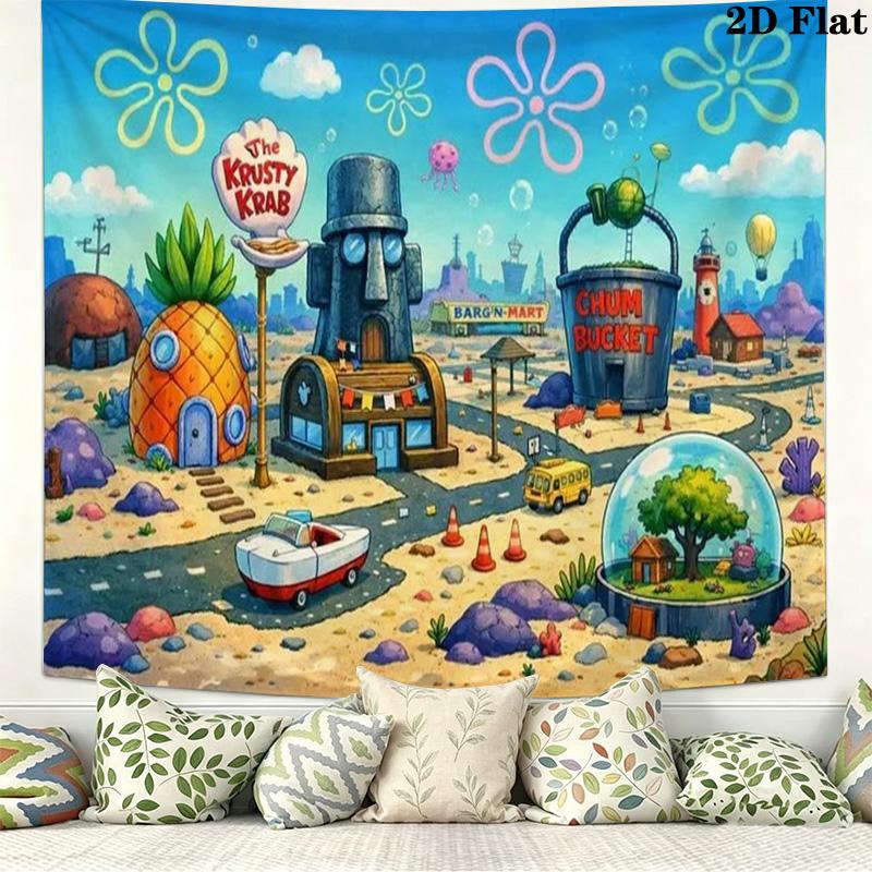 Cartoon Spongebob Wall Tapestry Aesthetic Wall Hanging Printed Fabric Blanket Decorative Tapestries for Bedroom Living Room Home Decor