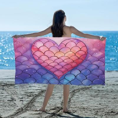 Pink Purple Glitter Mermaid Heart Pattern Bath Towel Sand Resistant Soft Lightweight Towel For Outdoor Pool Beach Camping