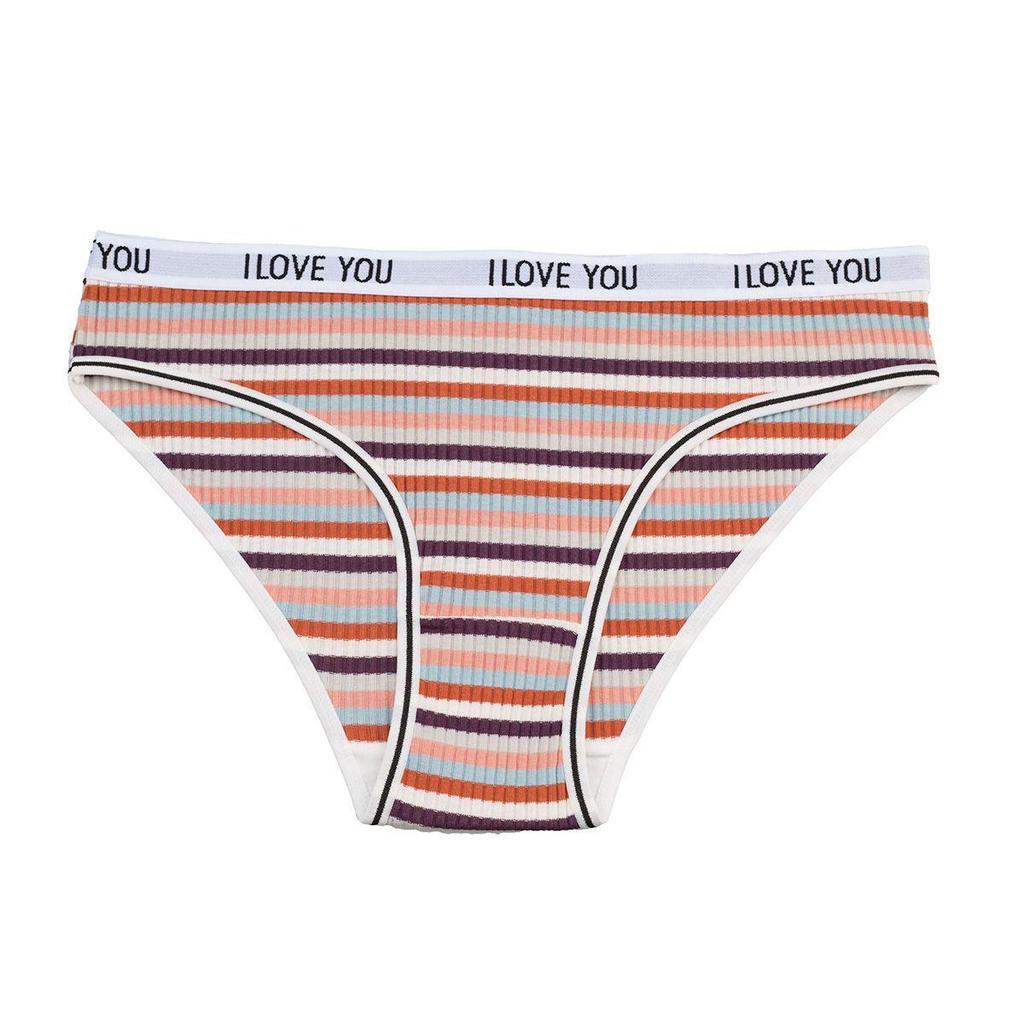 Women's Pure Cotton Ribbed Low Waist Panties: Colorful Letter, Breathable, Double-Layer Crotch, Striped Design for Girls.