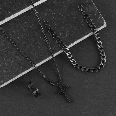 3pcs Set Men's Stainless Steel Metal Cross Pendant Chain Necklace Bracelet Ring Zircon Set Male Hip Hop Daily Wear Accessories