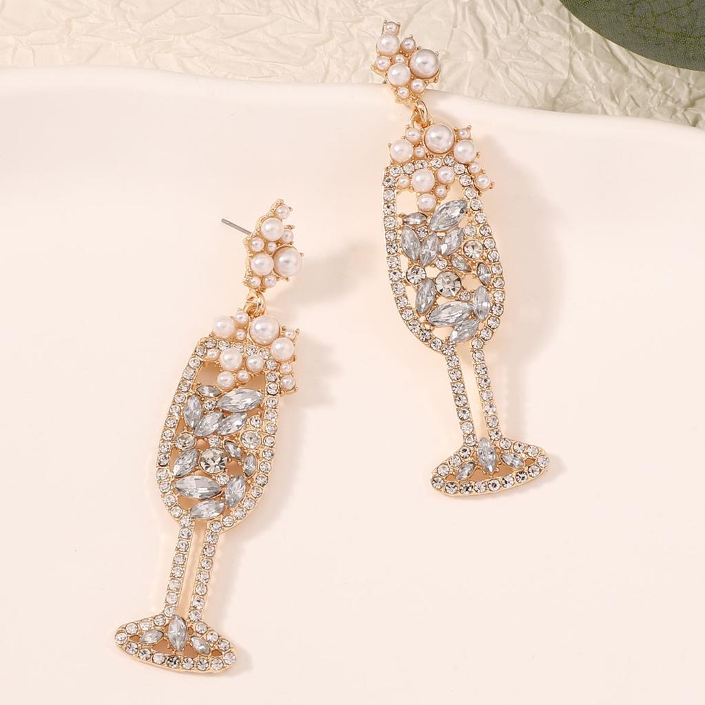 Exaggerated rhinestone pearl fashion personality large version champagne cup earrings earrings European and American new earrings