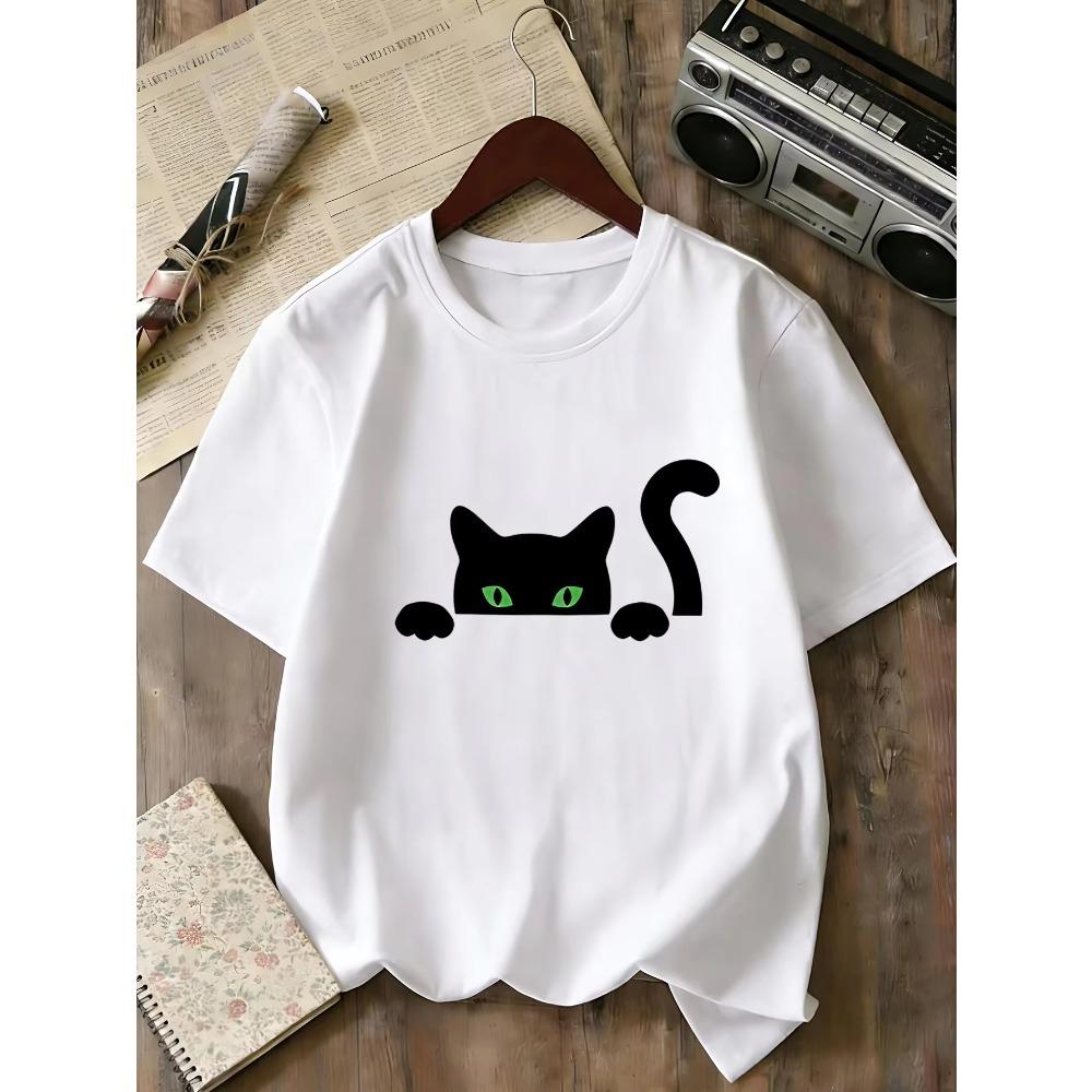 Peeking Black Cat Kids Tee Cute Animal Graphic Print Boys Girls Family Matching Cotton Summer Short Sleeve Basic Children Tshirt