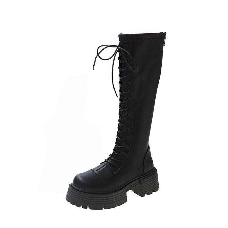 Tall knight boots women's autumn and winter new small lace-up platform boots but knee-back zipper boots