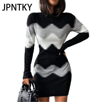 JPNTKY Vestidos Casuales de Moda para Mujer Otoño Invierno Manga Larga Cuello O Cintura Alta