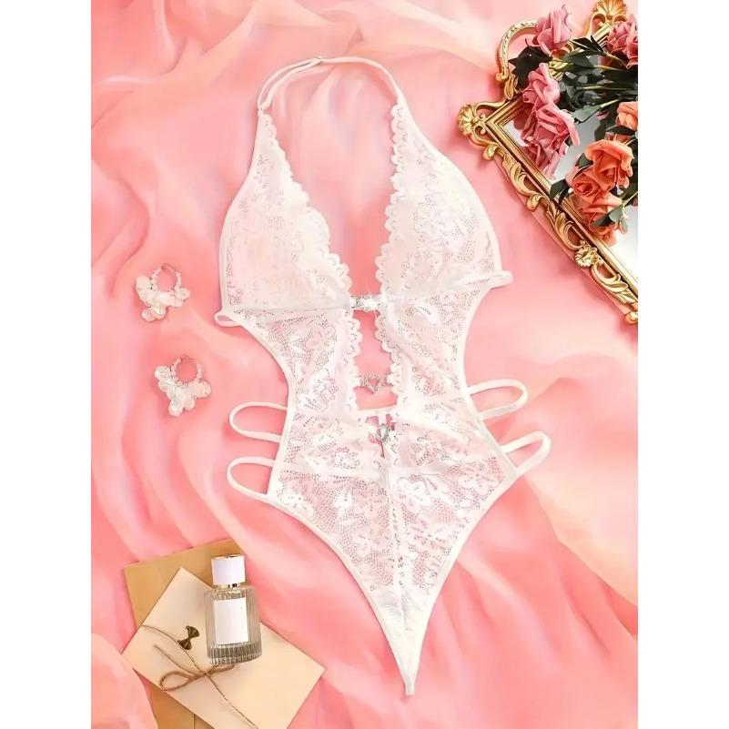 White Classic Sexy Floral Lace Cut Out Halter Teddy Bodysuit Lingerie Women Underwear Set Transparent Crotchless Erotic Costumes