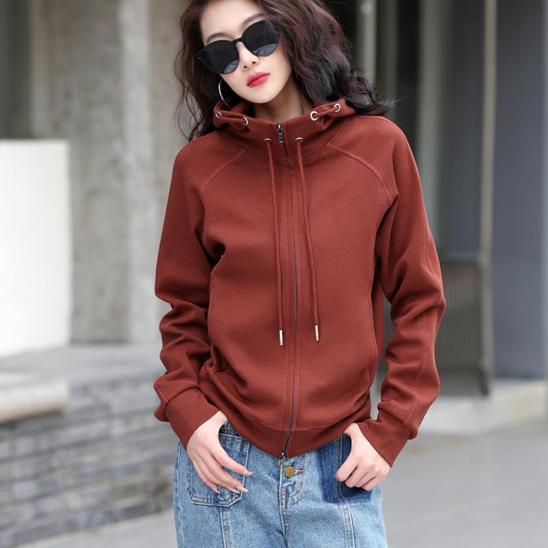 Grauer Damen-Cardigan-Hoodie mit doppeltem Reißverschluss, schwere Qualität - Sportlicher koreanischer Stil, Langarm, Frühjahr/Herbst Kollektion 2025.