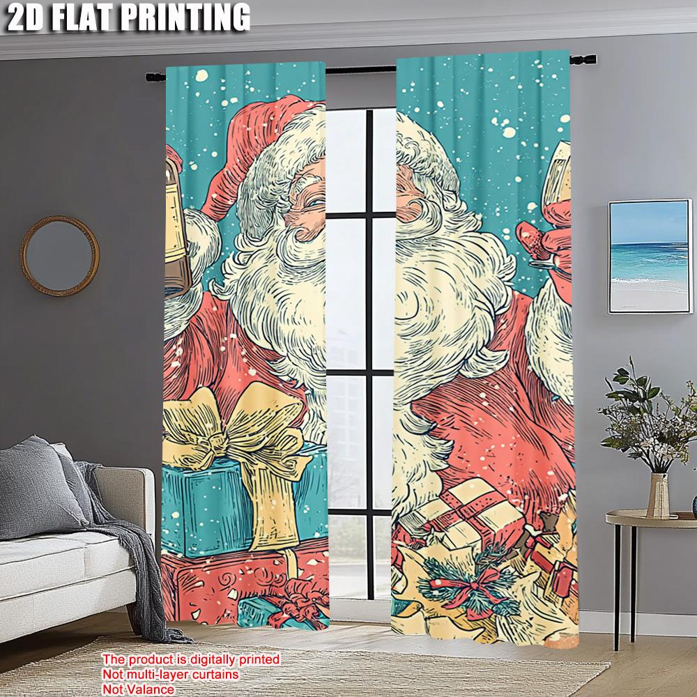 2pcs,2D plane printing Contemporary Curtains Merry Christmas Santa Claus_ Champagne & Gifts Durable 100% Polyester Fabric