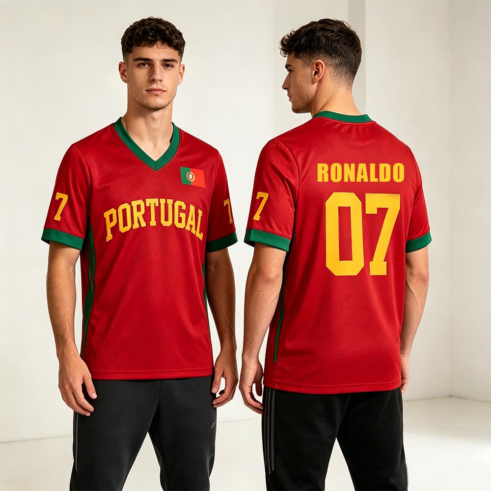 Portugal Voetbalshirt CR7 Nummer Rood Fan Shirt voor Dames Heren Mode Ademend Mesh Shirt V-hals Oversized Voetbal Losse Top