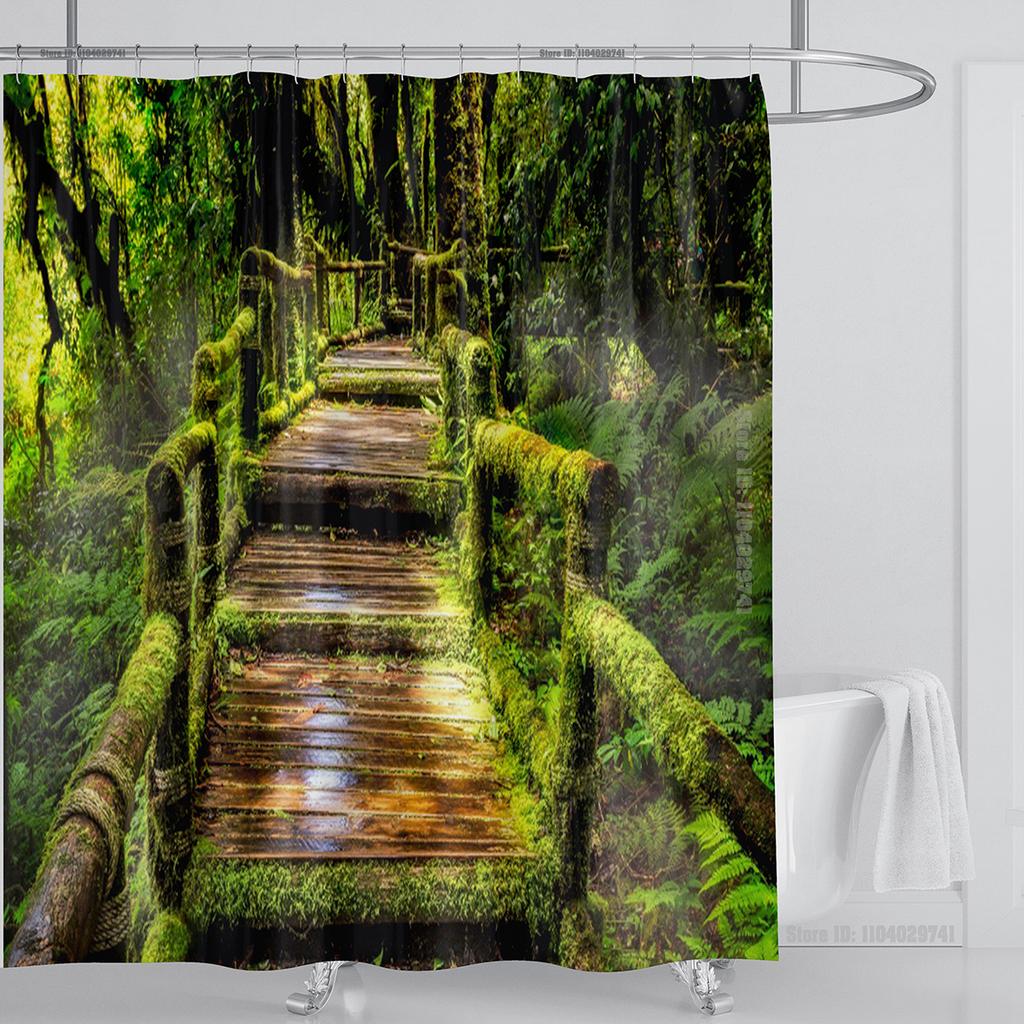 Modern 3D Printing Forest Refreshing Scenery Shower Curtain Waterproof Landscape Green Plant Mountain With Hooks Bathroom Decor