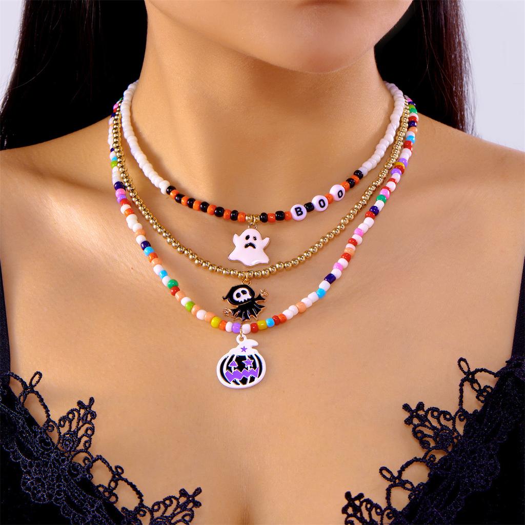 Halloween  Beaded Necklace Cute  Pumpkin  Layered Necklace Set for Women Multicolor Beads  Necklace Funky   Pendant Necklace