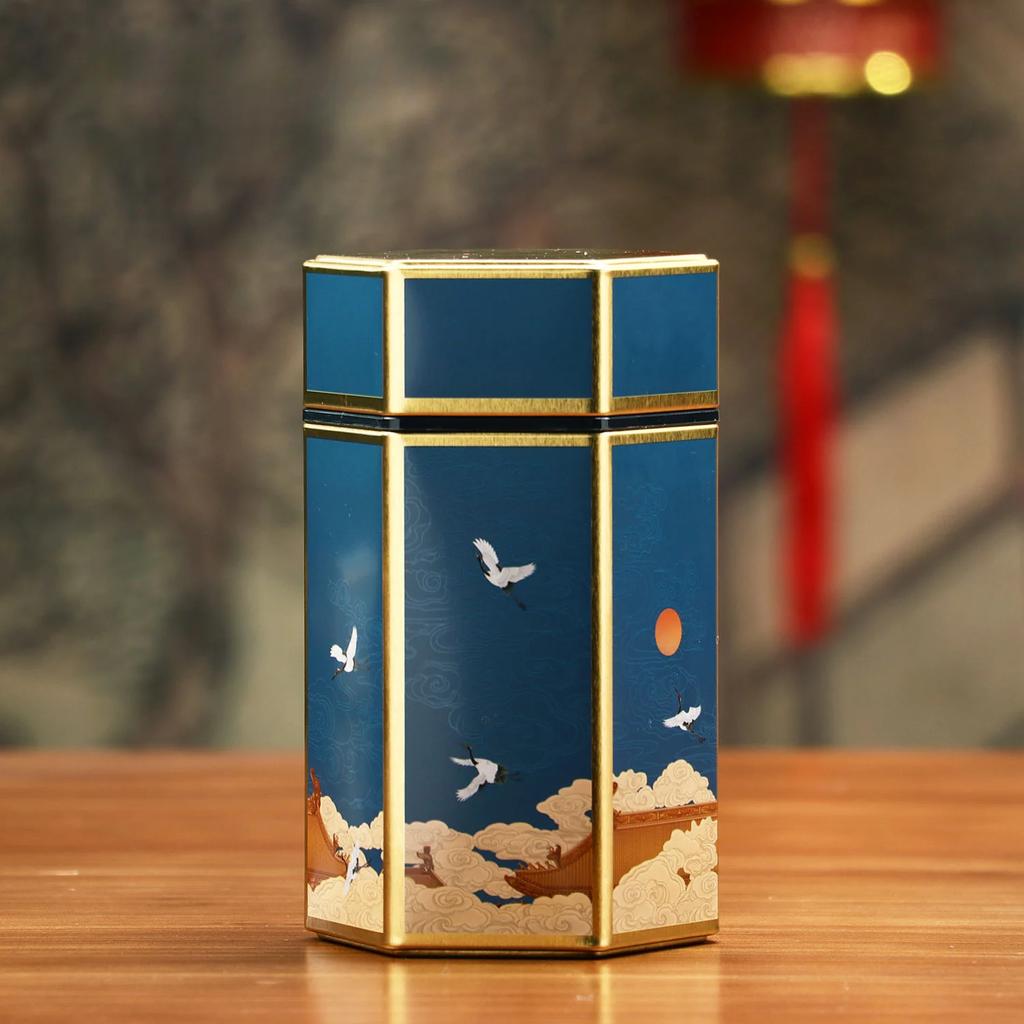 Creative Hexagonal Tea Pot Tin Can Chinese Style Tinplate Tea Storage Tank Small Sealed Portable Box Empty Can Set Accessories