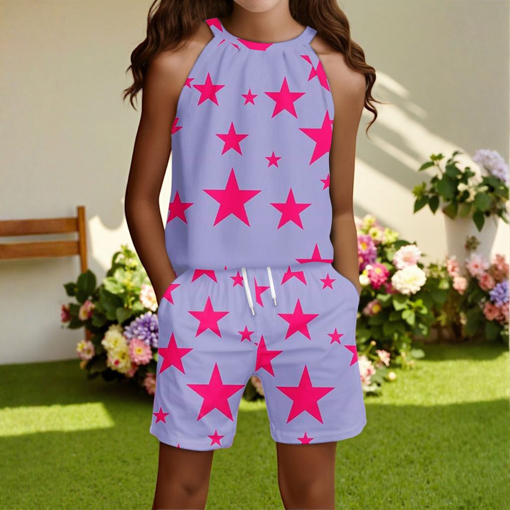 Children's Casual Fashion Round Neck Sleeveless  Top Shorts Set