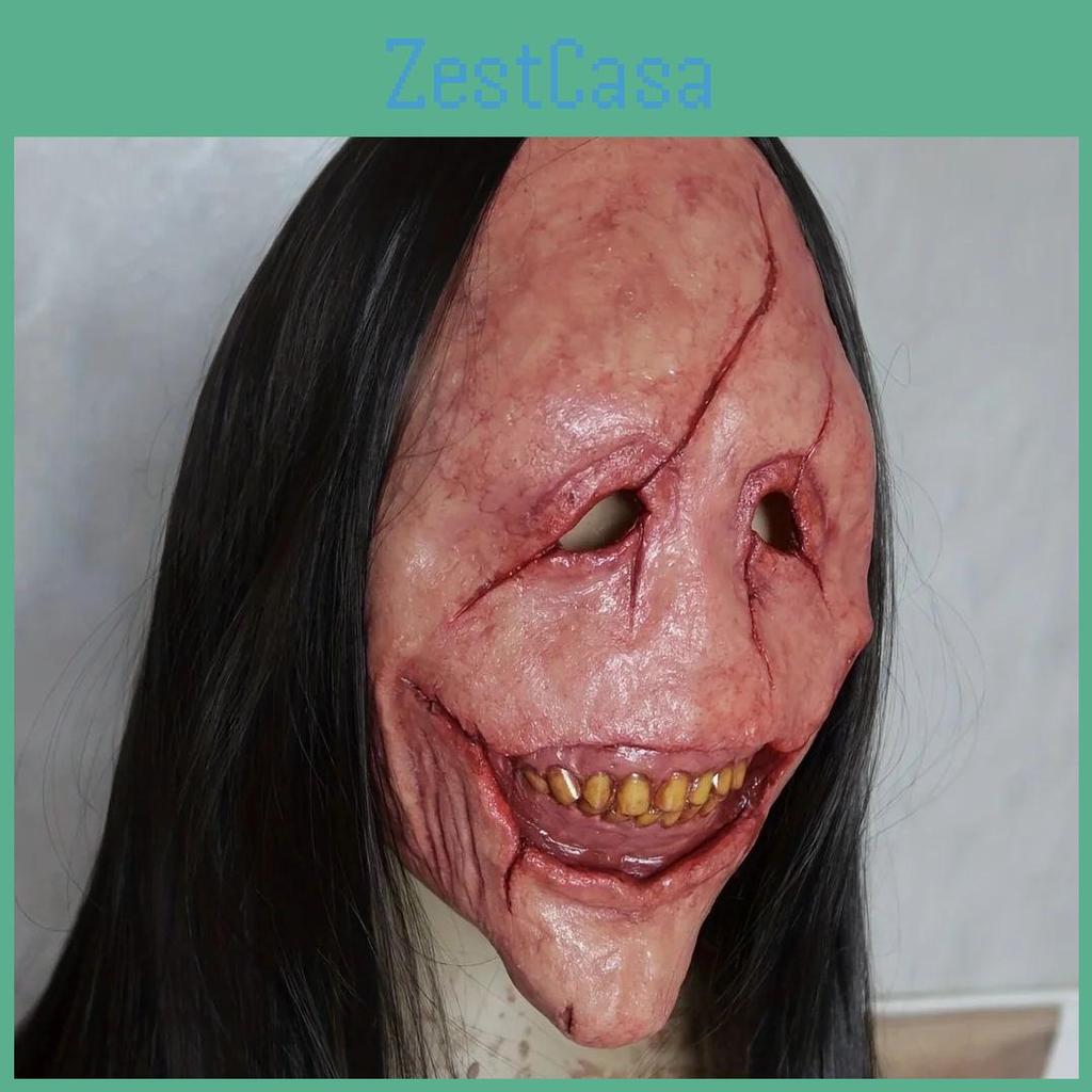 Face Red Hair Long Latex Demon Mask With Bared Teeth