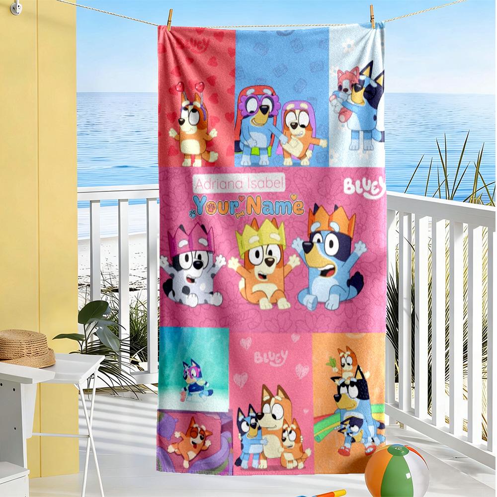 Bluey Customize Text Beach Towel Super Soft Microfiber Quickdry Fabric