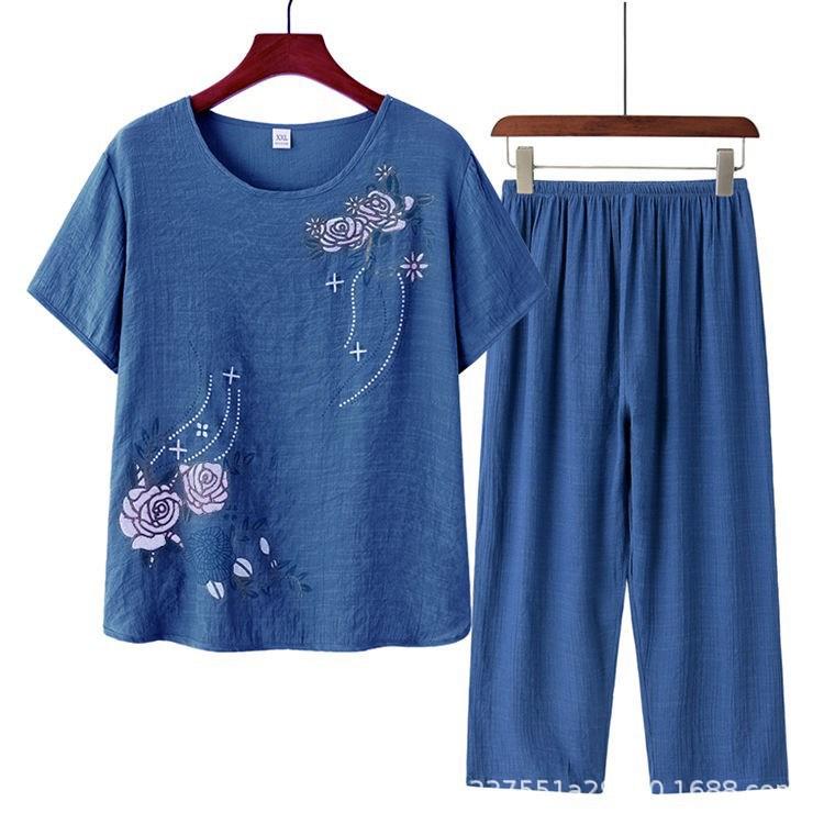 Women Summer Short Sleeved Suits Flower Printing Plus Size Pajamas Nightwear