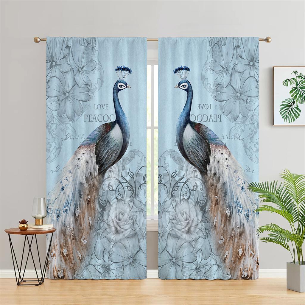 Vintage Peacock Blue Flowers Butterfly Aninmal 3D Digital Printing Thin Hall Window Curtains For KidsBedroom Living Room 2Panels