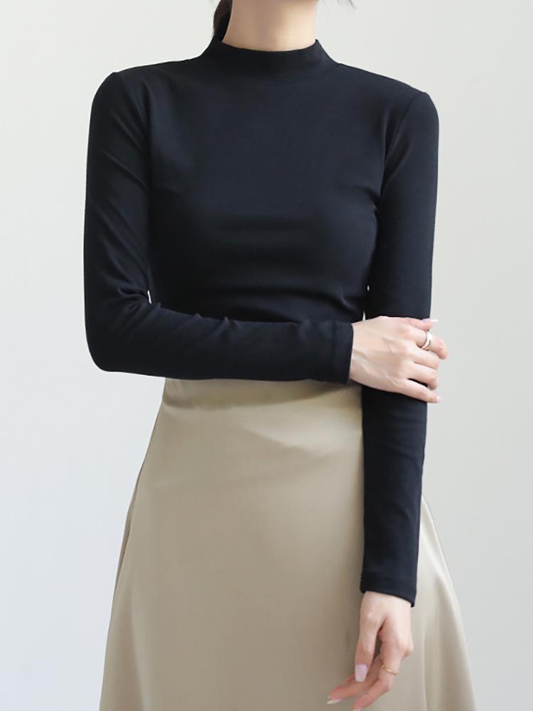Women's Slim-Fit Stand Collar Long-Sleeve Fleece Base Layer Top - White, Ideal for Autumn and Winter Layering.