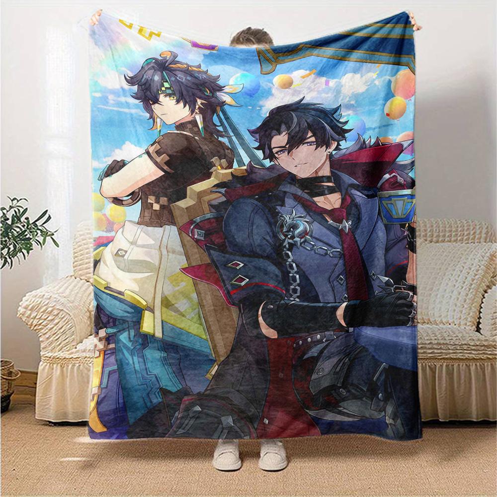 1Pc Genshin Impact Blanket Soft Comfortable Polyester Blanket Four Seasons All Season Blanket Bedroom Office Outdoor Use Anime Style Throw Christmas G