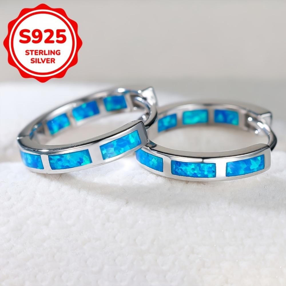 1 Pair S925 Sterling Silver Bohemian Style Blue Opal Hoop Earrings for Women Classical Wedding Circle Earrings Fine Jewelry