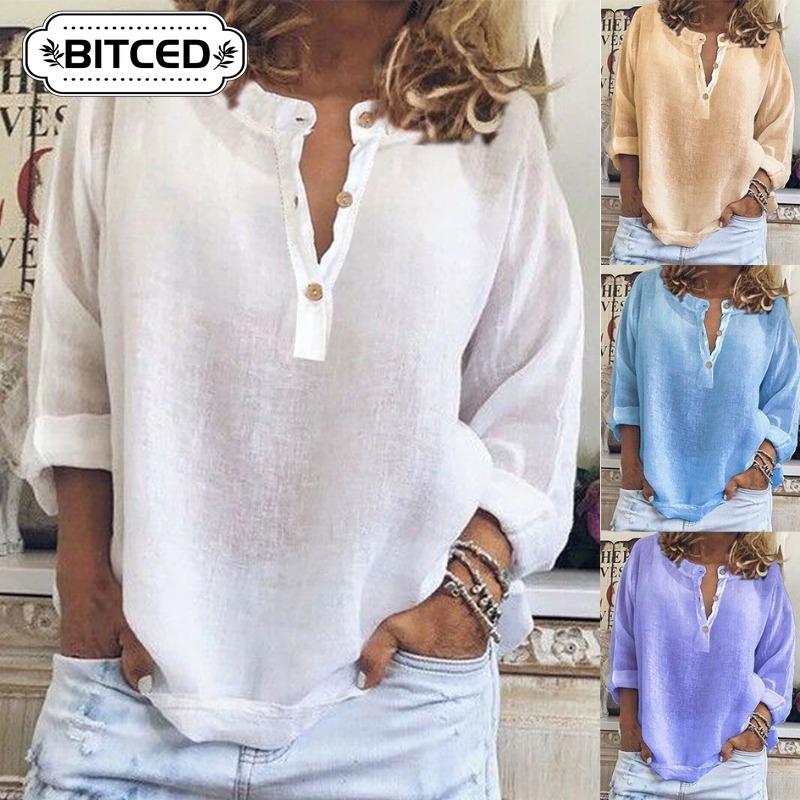 BITCED Women's Fashion Casual Solid Color Print Long Sleeve V Neck Blouses & Shirts Unique Design