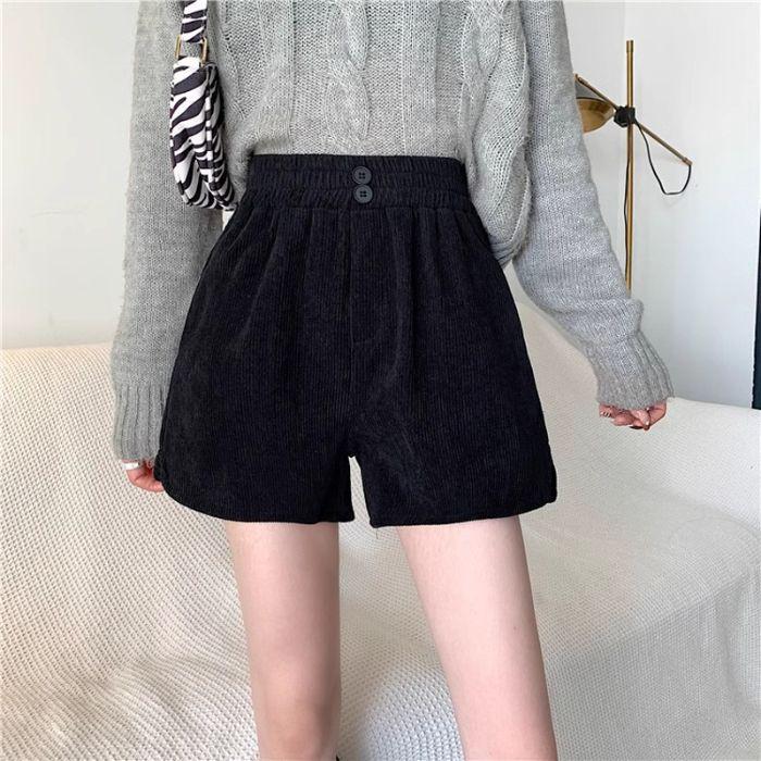 

Женские вельветовые шорты А-силуэта с высокой посадкой - Универсальный стиль с широкими штанинами для осени/зимы XL чёрный